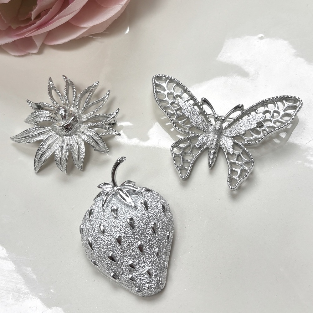 CLEARANCE: Vintage Sarah Cov Silver Brooch Set Flower, Butterfly, Strawberry